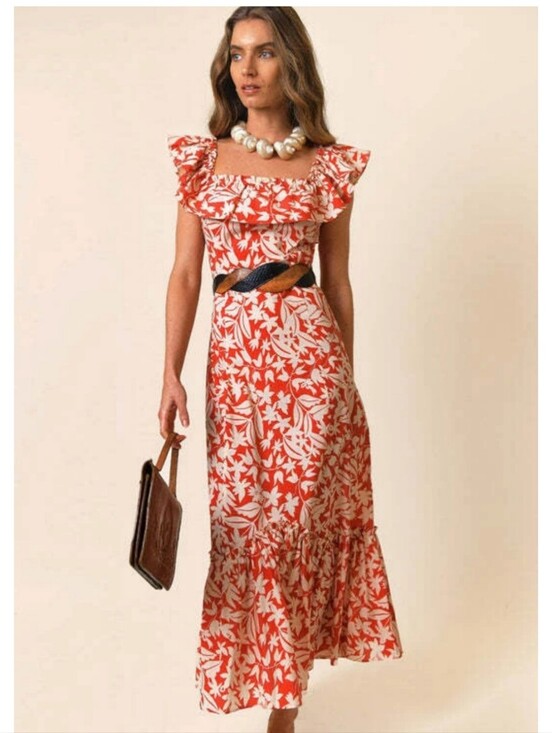 No Tags Dresses & Skirts - Vintage Ruffle Bodice Crepe Damask Print  Off Shoulder Maxi